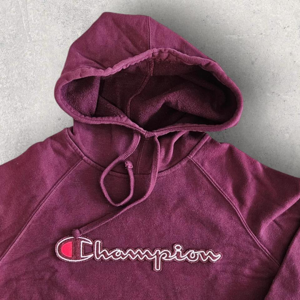 Champion burgundy logo hoodie, size S/M