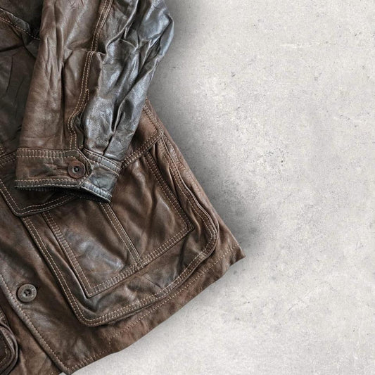 Vintage brown leather timberland jacket large with minor fade and missing button