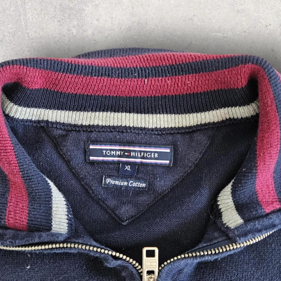 Tommy Hilfiger Navy 1/4 Zip Sweater - L, סוודר כחול כהה עם רבע רוכסן במידה L