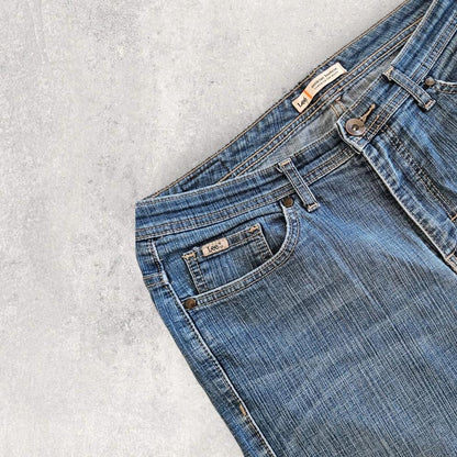 Vintage Lee navy short jeans, custom cuts, small stain, 88cm waist