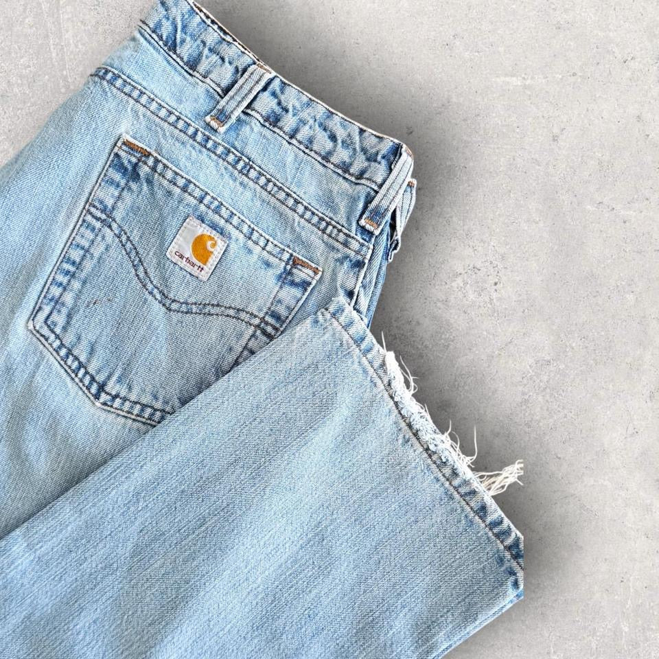 Carhartt Woman's Blue Jeans, Waist 86cm, Length 107cm, women’s blue jeans with small stains