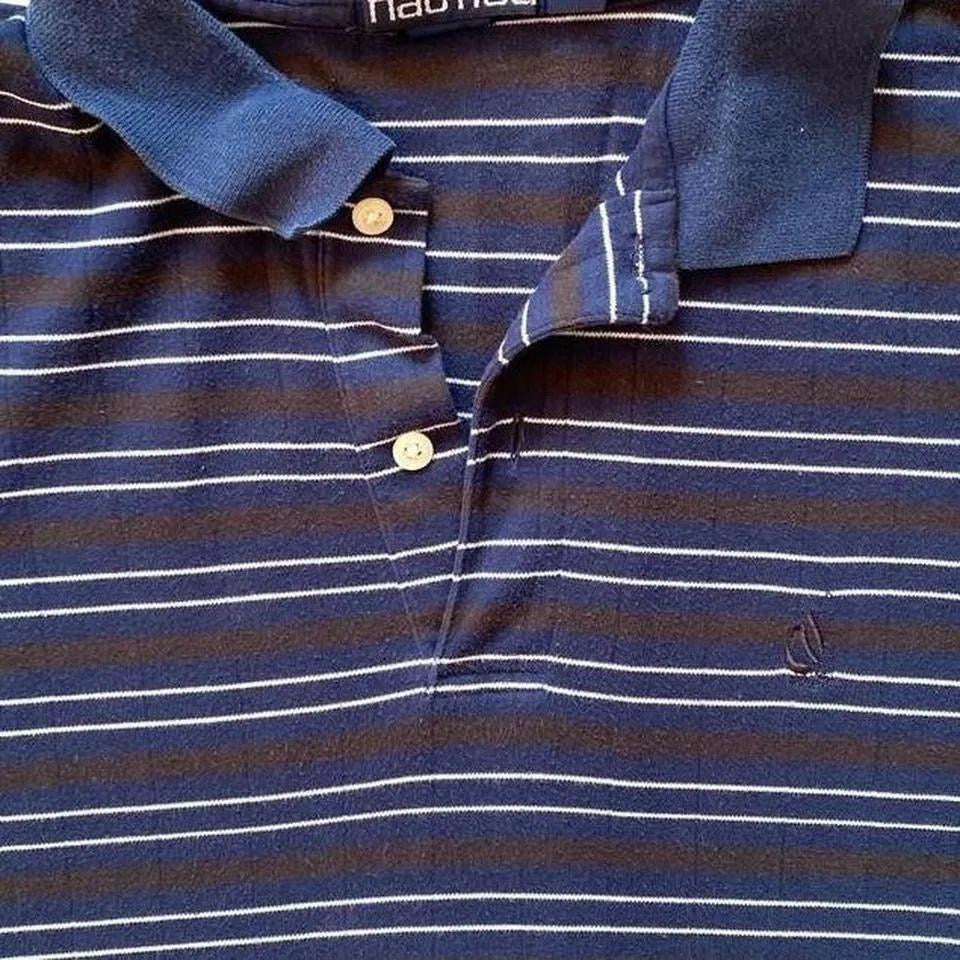 Nautica striped polo - L, chest 54cm, length 77cm, navy with stripes, small holes on back, size L