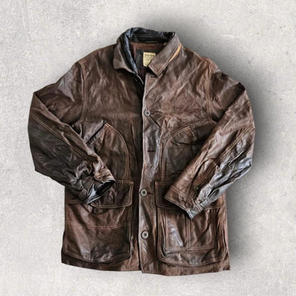 Vintage brown leather timberland jacket large with minor fade and missing button