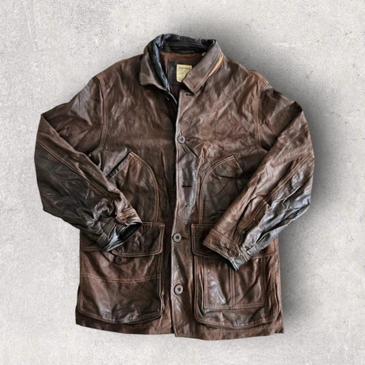 Vintage brown leather timberland jacket large with minor fade and missing button