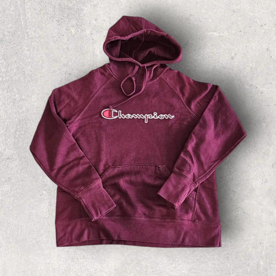 Champion burgundy logo hoodie, size S/M