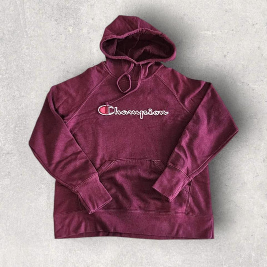 Champion burgundy logo hoodie, size S/M
