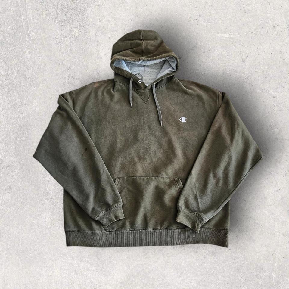 Vintage Champion Green Hoodie L, green color, bleach stain on sleeve