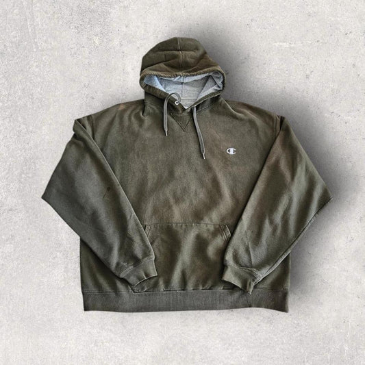 Vintage Champion Green Hoodie L, green color, bleach stain on sleeve