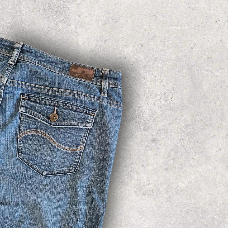 Vintage Lee navy short jeans, custom cuts, small stain, 88cm waist