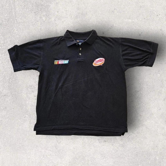 Nascar Black Polo Tee - L, חולצת פולו שחורה עם שני לוגואים רקומים