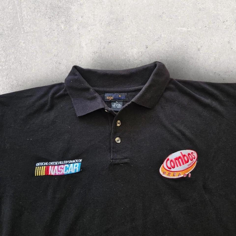 Nascar Black Polo Tee - L, חולצת פולו שחורה עם שני לוגואים רקומים