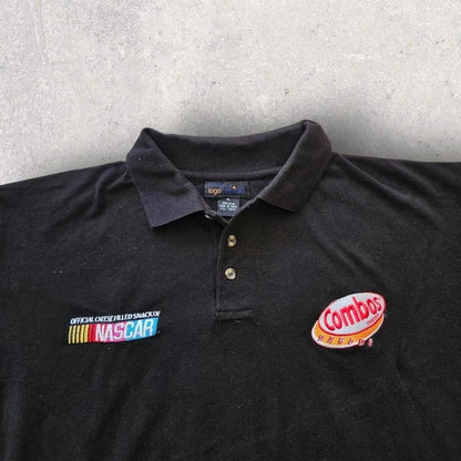 Nascar Black Polo Tee - L, חולצת פולו שחורה עם שני לוגואים רקומים
