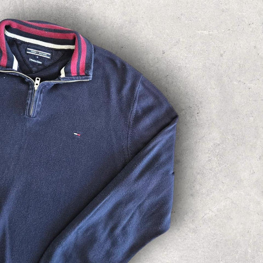 Tommy Hilfiger Navy 1/4 Zip Sweater - L, סוודר כחול כהה עם רבע רוכסן במידה L