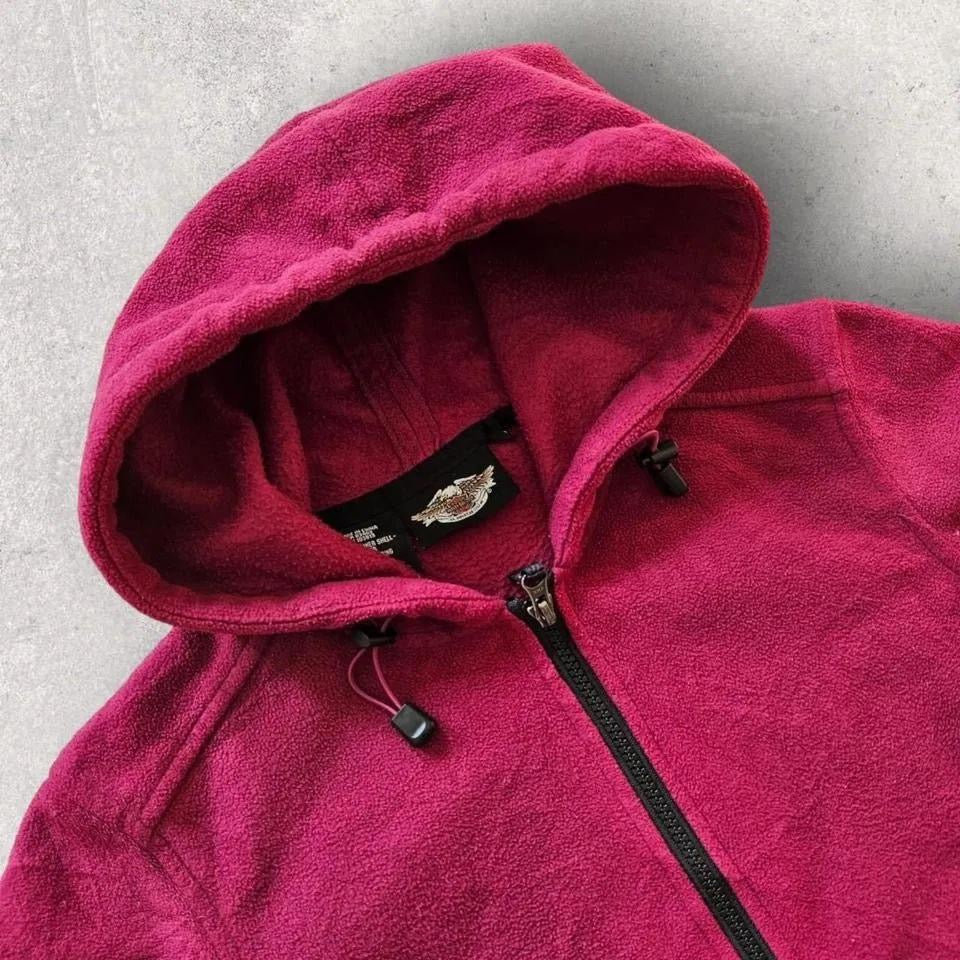 Y2K Harley Davidson Hoodie - S, מידה S, צבע בורדו, סגנון Y2K