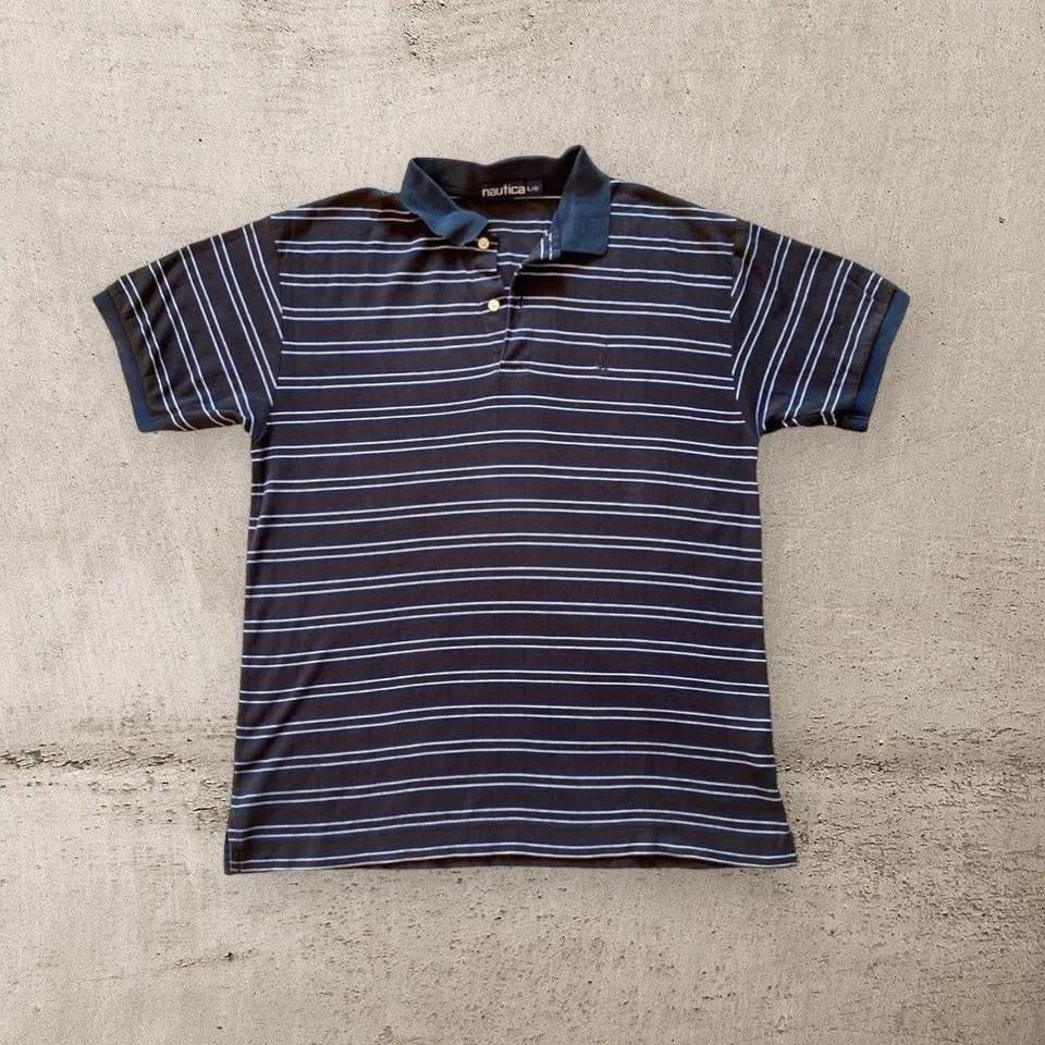 Nautica striped polo - L, chest 54cm, length 77cm, navy with stripes, small holes on back, size L
