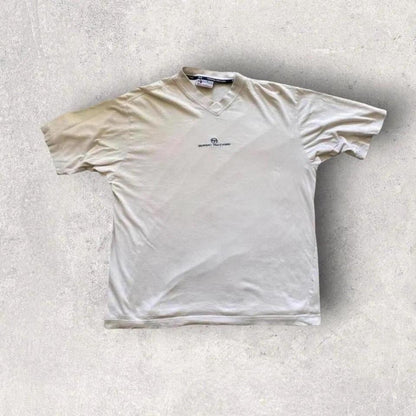 Vintage Sergio Tecchini V-neck Large חולצת וינטאג לבנה/קרם עם לוגו רקום במרכז מידות L