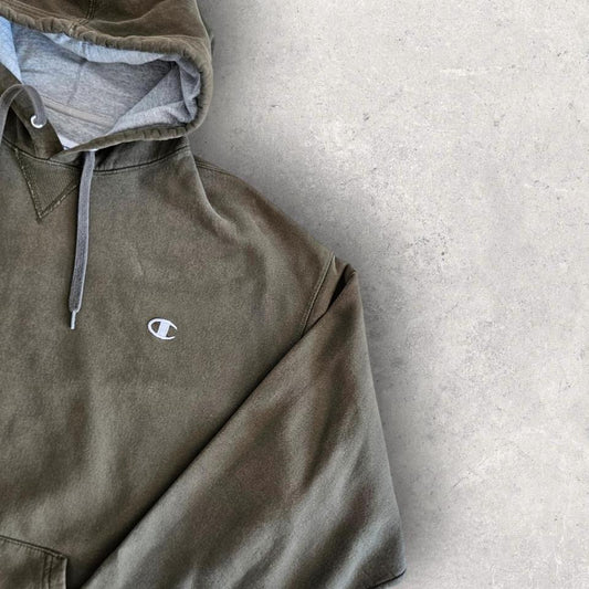 Vintage Champion Green Hoodie L, green color, bleach stain on sleeve