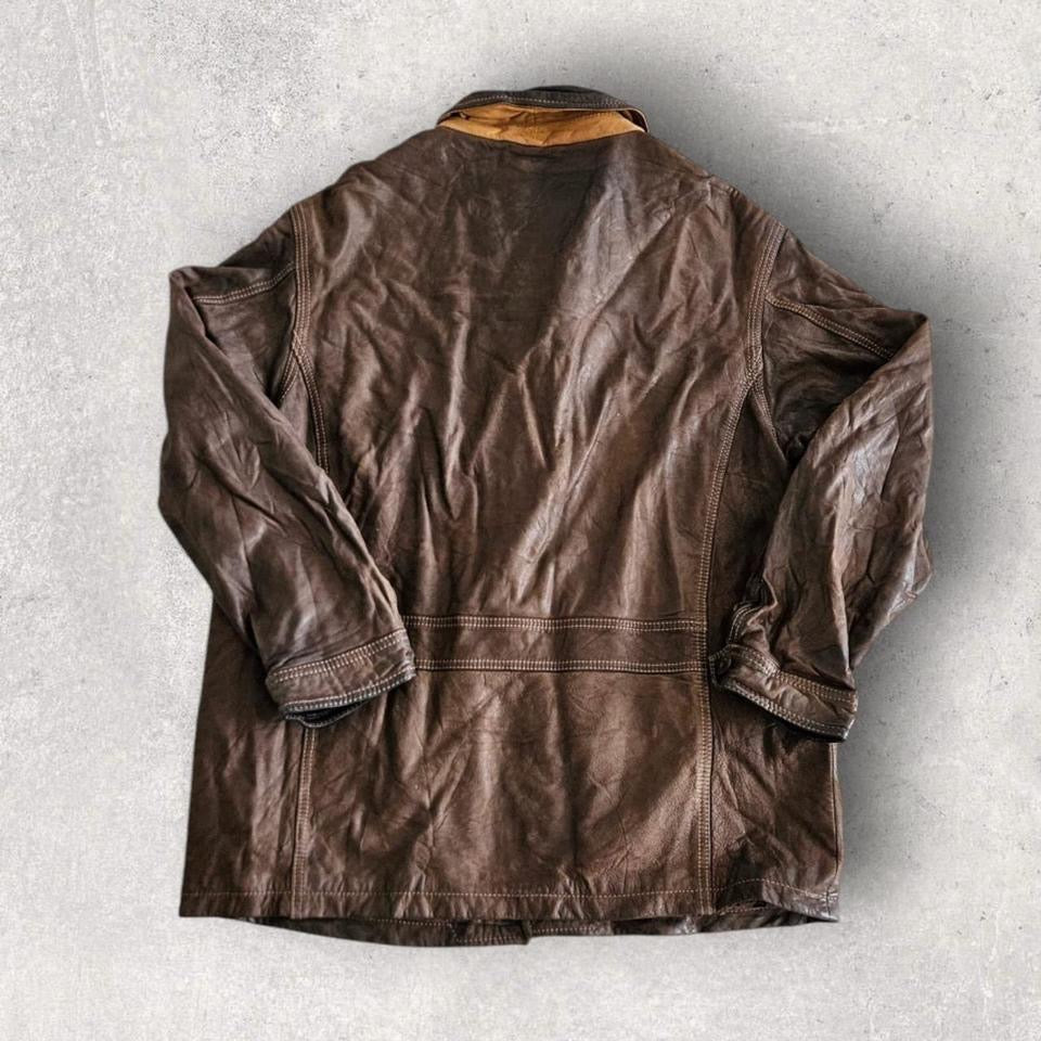 Vintage brown leather timberland jacket large with minor fade and missing button