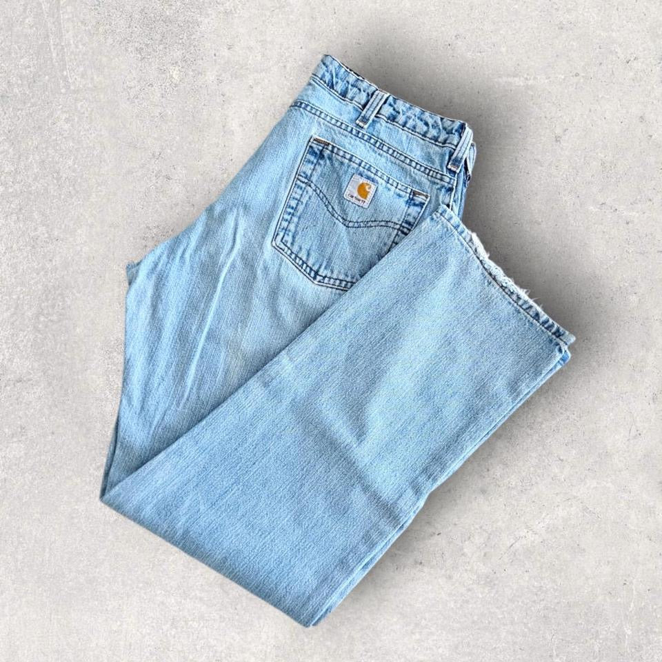 Carhartt Woman's Blue Jeans, Waist 86cm, Length 107cm, women’s blue jeans with small stains