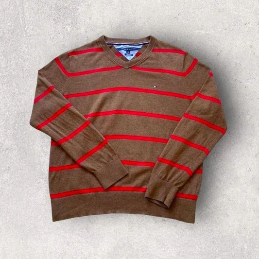 Tommy Hilfiger sweater - M, סוודר ירוק עם פסים אדומים ולוגו רקום