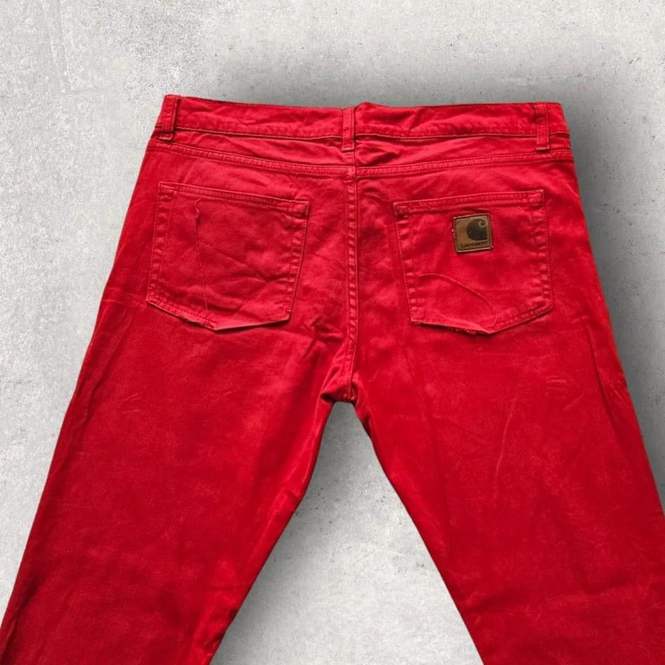 Carhartt Red Jeans - 34X32 – ג'ינס קארהארט אדום וינטג' בגזרה ישרה עם קרעים בכיסים