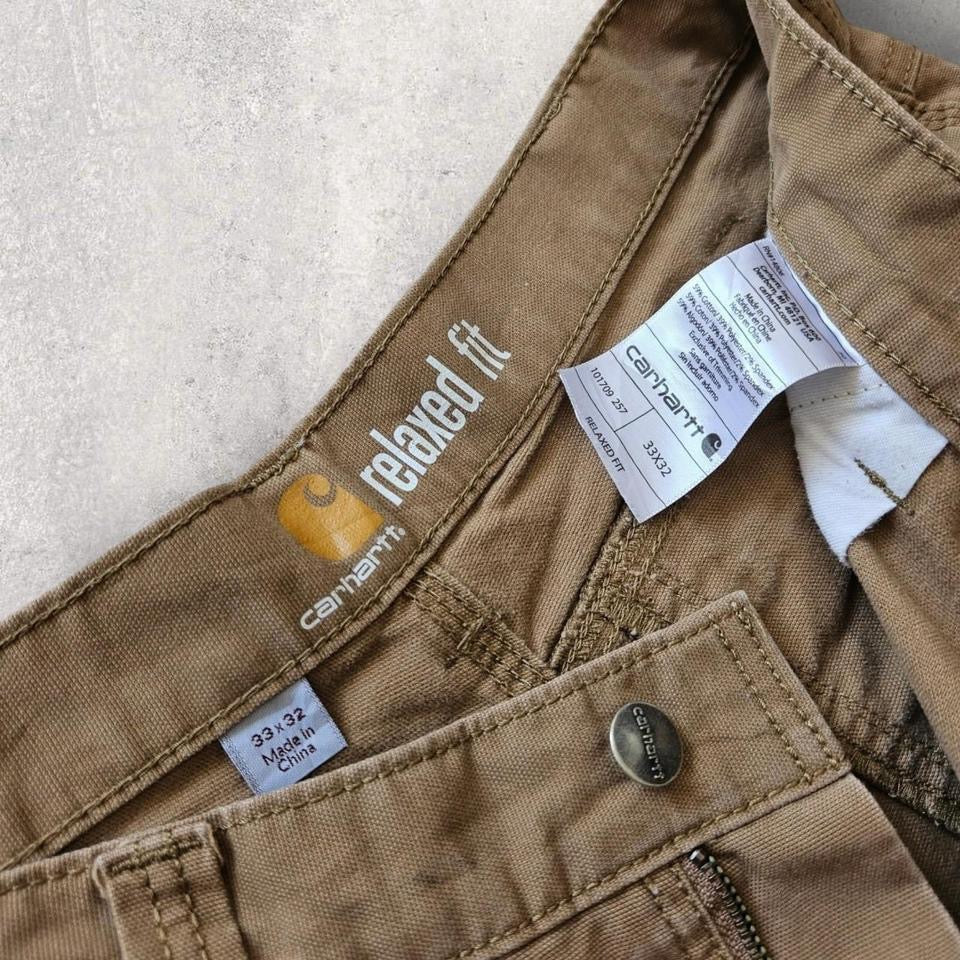 Carhartt Camel Brown Cargo Relaxed Fit Waist 33x32 – מכנס חום וינטג' עם כתמים ייחודיים מקארהארט