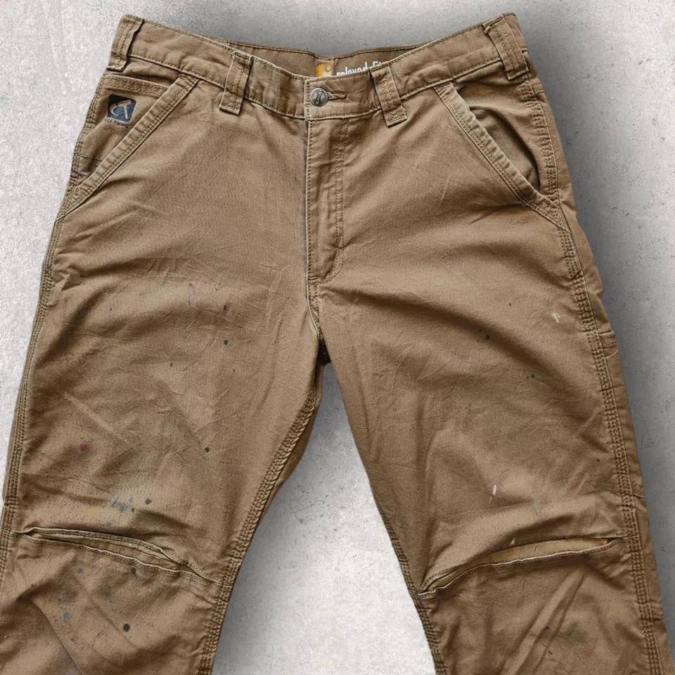 Carhartt Camel Brown Cargo Relaxed Fit Waist 33x32 – מכנס חום וינטג' עם כתמים ייחודיים מקארהארט