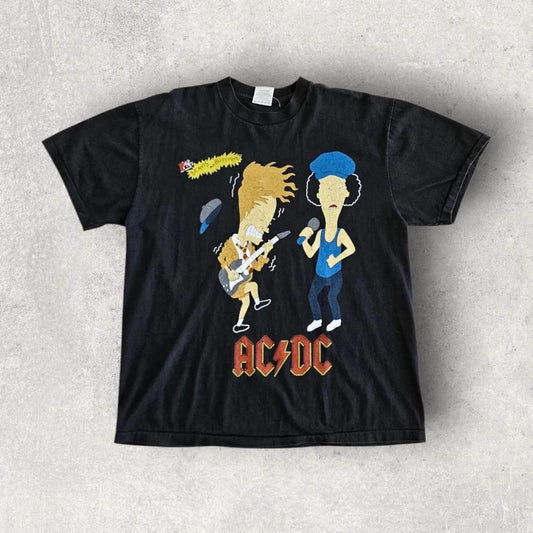 Beavis and ButtHead AC/DC T-shirt XL חולצת וינטאג ביוויס ובאטהד עם הדפס AC/DC במידה XL